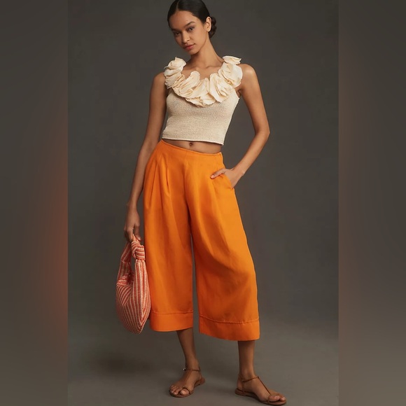 Anthropologie Pants - Anthropologie Maeve Linen Pleat-Front Wide-Leg Culottes Orange size 10
